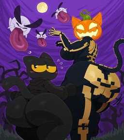 anthro big_breasts big_butt black_body black_fur bottomless bottomless_anthro bottomless_female breasts butt clothed clothing duo female for_a_head full_moon fur holidays huge_butt huge_thighs hyper hyper_butt long_tongue moon night pumpkin_head short_stack thick_thighs tight_clothing tongue tongue_out yellow_eyes sssonic2 epic_games fortnite google google_doodle halloween magic_cat_academy mario_bros nintendo momo_(google) spice_(fortnite) boo_(mario) domestic_cat felid feline felis ghost mammal object_head spirit 2025 hi_res
