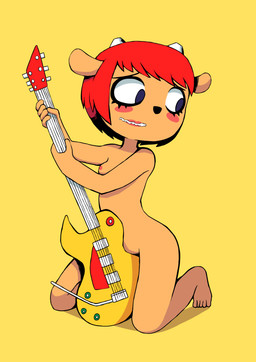 black_nose blush breasts convenient_censorship electric_guitar female fur guitar hair musical_instrument nipples nude orange_body orange_fur plucked_string_instrument red_hair simple_background small_breasts solo string_instrument yellow_background hexxylamine parappa_the_rapper sony_corporation sony_interactive_entertainment um_jammer_lammy lammy_lamb bovid caprine mammal sheep 2019