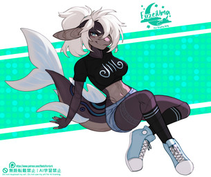 anthro biped bottomwear breasts clothed clothed_anthro clothed_female clothing countershade_torso countershading female fingers footwear front_view fully_clothed fully_clothed_anthro fully_clothed_female hair looking_at_viewer navel non-mammal_breasts non-mammal_navel pants shoes sitting smile socks solo tail topwear fleet-foot fish marine shark 2026 digital_drawing_(artwork) digital_media_(artwork)