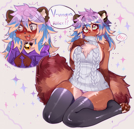 anthro before_and_after black_clothing black_legwear black_stockings blush bodily_fluids brown_body brown_fur brown_pawpads bulge chest_tuft clothed clothing collar embarrassed eyelashes female fur hair hoodie kneeling legwear long_hair looking_at_viewer multicolored_hair nervous nervous_sweat pantsless pawpads paws purple_clothing purple_hoodie purple_topwear solo speech_bubble stockings sweat sweater tail tan_body tan_fur text topwear tuft virgin_killer_sweater fredek666 meme_clothing mammal procyonid raccoon colored digital_drawing_(artwork) digital_media_(artwork) english_text hi_res meme shaded