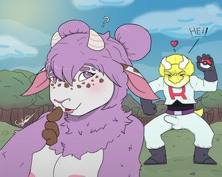 anthro areola aroused blush breasts bulge cosplay duo erection eyelashes female freckled_face freckles fur genitals heart_symbol horn long_eyelashes looking_at_viewer male male/female penis pokeball pose purple_body purple_eyes purple_fur smile spot_freckles spots spotted_face standard_pokeball video_game_reference white_sclera yellow_body threehorns nintendo pokemon team_rocket tricero_spikes bovid bovine cattle ceratopsian ceratopsid chasmosaurine dinosaur hybrid mammal marginocephalian ornithischian prehistoric_species reptile scalie triceratops colored digital_drawing_(artwork) digital_media_(artwork) hi_res shaded