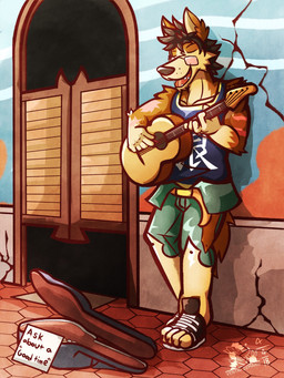 acoustic_guitar anthro eyewear fangs glasses guitar guitar_case guitar_pick male musical_instrument playing_guitar playing_music plucked_string_instrument scar string_instrument teeth ventkazemaru brian_(ventkazemaru) canid canine canis mammal wolf 3:4 hi_res