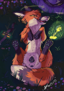 animal_genitalia animal_vulva anus belt bodily_fluids canine_genitalia canine_vulva clothing ear_piercing ear_ring female feral flower genital_fluids genitals glowing grass half-closed_eyes hat headgear headwear lying narrowed_eyes night on_back open_mouth orange_body pawpads piercing plant potion potion_bottle presenting presenting_vulva ring_piercing solo spread_legs spreading vulva witch_hat yellow_eyes arcticos canid canine fox mammal absurd_res hi_res