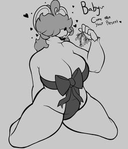 anthro belly big_breasts bow_ribbon breasts cleavage clothed clothing curvy_figure dialogue female gift hair hair_over_eye mistletoe overweight overweight_anthro overweight_female plant ribbons slightly_chubby smile solo text thick_thighs wide_hips hennessy-the-rat hennessy_(hennessy-the-rat) mammal murid murine rat rodent absurd_res english_text hi_res monochrome