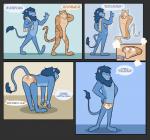 anthro blue_body blue_fur blush bodily_fluids bulge clothing clothing_transformation duo featureless_crotch fur inanimate_transformation male nude speech_bubble speedo sweat swimwear text towel transformation sheeptastic animate_inanimate felid lion mammal pantherine tiger english_text