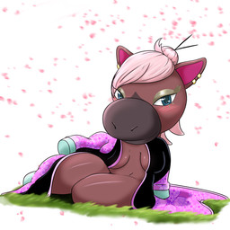 anthro asian_clothing bedroom_eyes blue_eyes blue_pupils blush blush_lines breasts brown_body brown_ears cherry_blossom closed_smile clothed clothed_anthro clothed_female clothing ear_piercing ear_ring east_asian_clothing eye_through_hair eyelashes eyeshadow female female_anthro flower glistening glistening_eyes grass hair hair_bun hooves japanese_clothing kimono kimono_only makeup mouth_closed multicolored_body narrowed_eyes navel open_clothing open_kimono partially_clothed partially_clothed_anthro partially_clothed_female piercing pink_hair pink_inner_ear plant pose prunus_(flower) pupils ring_piercing seductive simple_background sitting slit_nostrils smile smiling_at_viewer solo teal_hooves thick_thighs translucent translucent_hair white_background white_sclera yellow_eyeshadow yokozuwari zuggly animal_crossing nintendo reneigh_(animal_crossing) equid equine horse mammal 1:1 2026 digital_drawing_(artwork) digital_media_(artwork) full-length_portrait hi_res portrait shaded soft_shading