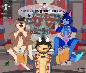 ahegao anal anal_fisting anal_penetration anthro barred_chastity_cage beads blue_body blue_chastity_cage blue_eyes blue_fur brown_body brown_fur chastity_cage chastity_device covered_eyes dialogue fisting fur green_eyes group heterochromia horn jewelry looking_pleasured male male/male necklace penetration prayer_beads religion rosary speech_bubble suspended_via_penetration text trio wearing_chastity_cage wearing_chastity_device wildpupper catholicism christianity cult_of_the_lamb kinktober kinktober_2025 massive_monster_(studio) bovid bovine canid canine cattle fox mammal mustelid otter 2025 digital_drawing_(artwork) digital_media_(artwork) english_description english_text hi_res