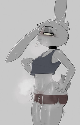 anthro big_butt biped bodily_fluids bottomwear breath bulge butt choker clothed clothing clothing_pull crop_top dolphin_shorts eyebrows eyeshadow femboy fur grey_background grey_eyes grey_eyeshadow hand_on_hip hotpants jewelry low-riding makeup male mascara midriff minishorts musk navel necklace raised_eyebrow shirt shirt_pull shorts simple_background solo steam sweat tail tank_top thick_thighs topwear topwear_pull undersized_clothing v-cut white_body white_fur wide_hips yitexity texi_(yitexity) lagomorph leporid mammal rabbit 2021 hi_res