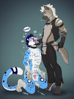 animal_genitalia animal_penis anthro anthro_on_anthro ball_tuft balls belt biped blue_body blue_hair blush bodily_fluids body_tattoo body_writing bottomwear chastity_cage chastity_device claws clothing collar cum cum_while_chaste degradation degrading_tattoo dirty dirty_clothing dirty_socks dominant dominant_male duo ear_piercing ejaculation fangs finger_in_mouth footwear fur genital_fluids genitals gloves hair hands-free handwear harness heart_symbol humiliation kneeling leash leash_pull leashed_collar male male/male markings multicolored_body open_mouth pants penis penis_tip permanent permanent_chastity_device piercing pink_chastity_cage profanity saliva sheath smile sock_fetish socks socks_on_hands spit_fetish spit_in_mouth spitting spitting_in_mouth standing submissive submissive_male tail tattoo teeth text thumb_in_mouth toe_claws tongue tongue_out topwear tuft vest wearing_chastity_cage wearing_chastity_device junkieboi espressoyeen myaddib felid feline hyena mammal pantherine snow_leopard english_text hi_res