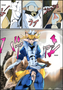 animal_genitalia anthro anus balls bell bell_collar bottomwear butt chastity_cage chastity_device clothed clothing clothing_lift collar fur genitals glare in_sheath_chastity_cage legwear looking_at_viewer maid_headdress maid_uniform male muscular nude orange_body orange_fur presenting red_eyes sheath sheath_chastity_cage skirt skirt_lift solo stockings tail text thigh_highs topwear uniform white_body white_fur codlam jojo's_bizarre_adventure canid canine fox mammal comic digital_media_(artwork) english_text hi_res