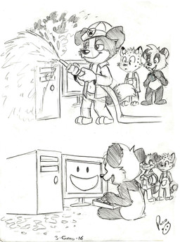 anthro closed_smile clothed clothing computer computer_keyboard computer_monitor electronics facial_spots fire_hose firefighter glistening glistening_eyes group head_tuft male male_anthro mouth_closed narrowed_eyes nude open_clothing open_mouth open_smile open_topwear overalls simple_background sitting smile smoke spotted_face standing topwear trio tuft young young_anthro young_male pandapaco parinton roni_(imroni) salmy bear border_collie canid canine canis collie domestic_dog giant_panda herding_dog mammal pastoral_dog sheepdog 2016 hi_res monochrome sketch