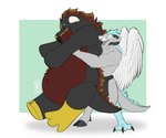 anthro duo facial_piercing hooves horn male male/male mane nose_piercing nose_ring piercing plushie ring_piercing tail wings palehorntea atremath gabriel_(acluelessbull) avian bovid bovine cattle hybrid mammal 6:5 full-length_portrait hi_res portrait