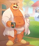 anthro bathrobe belly big_belly black_nose blush bulge clothed clothing container cup detailed_background duo eyes_closed grey_body male moobs mug navel open_clothing open_robe orange_body outside overweight overweight_male robe underwear o-ro animal_crossing nintendo curt_(animal_crossing) teddy_(animal_crossing) bear mammal 2023 5:6 hi_res