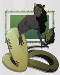 anthro apode areola black_body black_fur breasts exposed_breasts female fluffy fluffy_tail fur green_body green_scales legless nipples orange_eyes scales serpentine solo split_form tail liy-p draconcopode felid hybrid lamia mammal reptile scalie snake tatzelwurm 4:5 hi_res