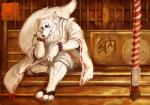 anthro biped clothed clothing detailed_background footwear fur humanoid_hands male overweight overweight_anthro overweight_male sandals shoes sitting solo white_body white_fur luluangel gingitsune gintaro canid canine fox mammal 2015