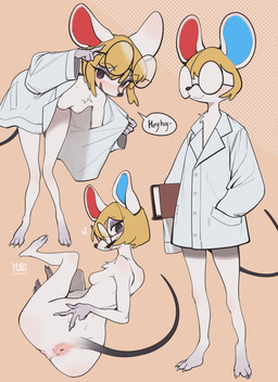 3_toes 4_fingers anthro anus areola barefoot barely_visible_genitalia barely_visible_vulva bedroom_eyes big_glasses black_eyes black_nose blonde_hair blush bottomless breasts buckteeth butt claws clothed clothing clothing_aside coat dialogue digitigrade eyelashes eyeshadow eyewear feet female fingers flashing fur genitals glasses hair half-closed_eyes lab_coat lab_coat_only makeup mostly_nude multiple_poses nails narrowed_eyes nipples nude opaque_glasses open_mouth open_smile pose presenting presenting_anus presenting_hindquarters round_glasses seductive simple_background small_breasts smile solo spread_toes tail tan_background tan_body teeth text thin_tail toe_claws toes tongue tongue_out topwear vulva white_body white_fur yuio animal_crossing nintendo petri_(animal_crossing) house_mouse mammal mouse murid murine rodent absurd_res digital_drawing_(artwork) digital_media_(artwork) english_text hi_res