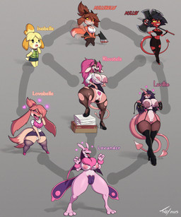 anthro areola axe big_areola big_breasts big_nipples blush blush_lines blush_stickers bodily_fluids boots bottomwear breasts camel_toe cleavage clothed clothing dildo dildo_in_vagina dildo_insertion eyelashes female footwear fusion garter_straps genital_fluids genitals glistening_eyelids group heart_pubes heart_symbol hexafusion huge_areola huge_breasts huge_thighs legwear long_eyelashes melee_weapon motion_lines nipple_dip nipple_piercing nipples penetration piercing pubes sex_toy sex_toy_in_vagina sex_toy_insertion shoes shortstack skirt stylized_pubes thick_nipples thick_thighs thigh_boots thigh_highs thong torn_clothing underwear vaginal vaginal_fluids vaginal_penetration vulva weapon wide_hips toby_art animal_crossing hellaverse helluva_boss nintendo palworld pocketpair isabelle_(animal_crossing) millie_(helluva_boss) canid canine canis demon domestic_dog imp lovander mammal pal_(species) hi_res