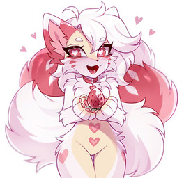 ahoge anthro black_nose blush blush_lines collar collar_only eyebrows eyelashes female food fruit fur hair heart_(marking) heart_pupils heart_symbol holding_food holding_object long_hair looking_at_viewer markings multi_tail multicolored_body multicolored_fur nude open_mouth open_smile pawpads pink_markings plant red_collar red_eyes red_pawpads simple_background smile solo strawberry tail thigh_gap white_background white_body white_eyebrows white_fur yellow_body yellow_fur 3rdperson_iz canid canine fox mammal colored digital_drawing_(artwork) digital_media_(artwork) hi_res shaded