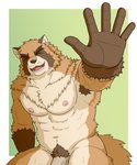 anthro armpit_hair barazoku blue_eyes body_hair brown_body brown_fur eyes_closed fur genitals humanoid_hands kemono male muscular muscular_anthro muscular_male nipples penis pubes simple_background sitting solo jacklantern_11 canid canine mammal raccoon_dog tanuki 2020 5:6 hi_res