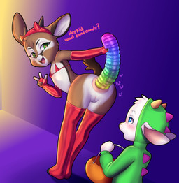 anal anal_penetration anal_pull_out anthro anus armwear bent_over blue_eyes blush bottomless bottomless_anthro bottomless_female butt candy candy_bucket clothed clothing dessert dildo dildo_in_ass dildo_insertion dildo_pull_out dinosaur_costume elbow_gloves female female_anthro food genitals gesture gloves green_eyes gummy_(food) gummy_worm hand_gesture handwear holidays horn legwear loli looking_at_viewer looking_back male male/female male_anthro object_in_ass offering_food offering_to_another open_mouth open_smile penetration presenting presenting_hindquarters sex_toy sex_toy_in_ass sex_toy_insertion skimpy smile sound_effects standing stockings v_sign vulva young young_anthro young_female young_male hardyboy halloween antelope bovid caprine goat mammal 2025 absurd_res hi_res