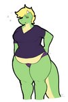 anthro blonde_hair breasts clothed clothing eyes_closed female green_body green_scales groggy hair horn muffin_top overweight overweight_anthro overweight_female panties partially_clothed scales scratching_butt shirt solo standing t-shirt tail thick_thighs tired topwear underwear waking_up digitalpelican mythology dragon mythological_creature mythological_scalie scalie 2023