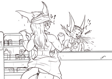 accident accidental_exposure anthro anthrofied appliance back_boob beverage biped breasts butt clothing collared_shirt dress_shirt duo exclamation_point female fridge hair holding_beverage holding_object inside kitchen_appliance long_hair looking_at_another male shirt spit-take standing topwear towel towel_on_head towel_wrap wardrobe_malfunction s-nina fallout:_pca nintendo pokemon thor_volt_(swordfox) tracey_volt_(swordfox) generation_1_pokemon pokemon_(species) raichu 2025 monochrome