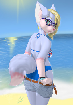 anthro beach belt bikini blonde_hair blue_body blue_eyes blue_fur bottomwear bra breasts butt clothed clothing day detailed_background eyewear female fur glasses hair looking_at_viewer looking_back multicolored_body multicolored_fur open_mouth outside pink_body pink_fur pink_nose raised_tail rear_view sand seaside shorts side_boob sky solo sun swimwear tail teeth text tongue tongue_out two-piece_swimsuit underwear undressing united_kingdom water white_body white_fur wristband kaylafox canid canine mammal 2016 digital_media_(artwork) english_text hi_res shaded signature