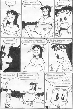 accessory anthro belly big_belly black_hair bodily_fluids breasts burping clothed clothed_female clothing crying digestion_noises female female_pred group hair hand_on_belly headband navel open_mouth oral_vore outside overweight silhouette silhouetted_body sitting speech_bubble swallowing sweat tail tears text vore s.sakurai felid lagomorph mammal comic monochrome traditional_media_(artwork)