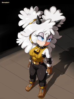 anthro bell bell_collar belt blue_eyes boots bottomwear breasts clothing collar eyelashes female fingerless_gloves footwear glistening gloves handwear horn pants shoes solo standing white_body soranygyart idw_publishing sega sonic_the_hedgehog_(comics) sonic_the_hedgehog_(idw) sonic_the_hedgehog_(series) lanolin_the_sheep_(sonic) bovid caprine mammal sheep 2025 hi_res