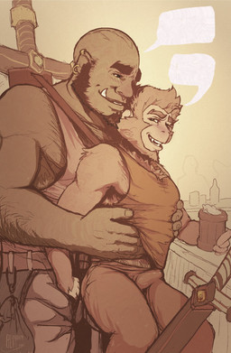 anthro armpit_hair body_hair bulge clothed clothing dialogue duo empty_speech_bubble erection erection_under_clothing fondling hand_in_shirt male male/male speech_bubble blinian grim_(blinian) haplorhine humanoid mammal monkey orc primate hi_res