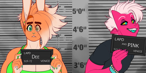 2_horns anthro bangs bedroom_eyes big_breasts black_clothing black_shirt black_t-shirt black_topwear blue_insides blue_sclera bra bracelet breasts buckteeth claws clothing duo ear_piercing eye_through_hair eyebrows fangs female flamboyant frown fur fur_hair green_bra green_clothing green_eyes green_nose green_underwear hair hair_over_eye holding_object holding_sign horn humanoid_pointy_ears jewelry looking_at_viewer makeup male mascara mugshot multicolored_body multicolored_fur narrowed_eyes open_mouth orange_body orange_fur piercing pink_body pink_skin pointy_ears pose seductive shadow shirt side_shave sign t-shirt teeth text tongue topwear translucent translucent_hair two_tone_body two_tone_fur underwear white_body white_fur white_hair white_sclera worried yellow_eyes mr.pink barbie_and_ken_mugshot_meme dulce_(mr.pink) pwink_(mr.pink) humanoid imp lagomorph leporid mammal rabbit 2023 colored digital_drawing_(artwork) digital_media_(artwork) english_text meme