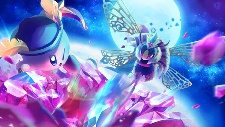 4_wings ambiguous_gender antennae_(anatomy) anthro armless arrow_(weapon) arthropod_abdomen bow_(weapon) clothing cosmic_background crown crystal debris detailed_background determined dual_wielding duo dutch_angle eye_contact eyelashes eyeshadow female fight floating_hands full_moon gloves handwear hat_feather headgear headwear heart_symbol holding_arrow holding_bow_(weapon) holding_object holding_ranged_weapon holding_staff holding_weapon insect_wings jumping legless looking_at_another loose_feather makeup moon mouthless multi_wing night one_eye_closed outside purple_eyes purple_eyeshadow ranged_weapon size_difference sky staff star starry_background starry_sky weapon wearing_hat wings yellow_body akaki_4207 kirby:_triple_deluxe kirby_(series) nintendo archer_kirby kirby queen_sectonia arthropod hymenopteran insect waddling_head wasp 16:9 2024 digital_drawing_(artwork) digital_media_(artwork) hi_res widescreen