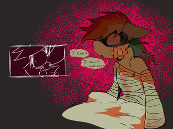 alternate_universe bandage bandaged_arms bandaged_face bandaged_legs bedding black_background blanket blue_body blue_fur female female_feral feral fur hair hooves multicolored_hair panic_attack ptsd rainbow_hair realization realizing_problem remembering scared scared_eyes shadow shadow_face shadowed_face shocked simple_background solo speech_bubble text wide_eyed wings wounded sinful_pie cupcakes_(mlp_fanfic) friendship_is_magic hasbro my_little_pony mythology rainbow_dash_(mlp) equid equine horse mammal mythological_creature mythological_equine pegasus pony 2025 colored digital_drawing_(artwork) digital_media_(artwork) english_description english_text hi_res