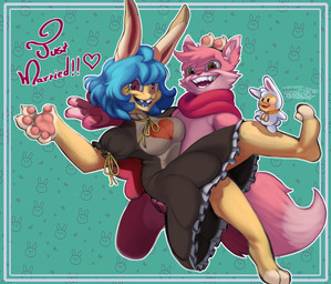 ambiguous_gender anthro blue_hair breasts clothing dress female fur group hair red_eyes idlepotoo bunkoo_(character) canid canine fox lagomorph leporid mammal rabbit 2021 character_request digital_media_(artwork) hi_res