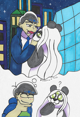 accessory anthro black_body black_eyes black_fur black_hair black_nose blue_clothing blush building canon_x_oc city clothed clothing duo eyelashes eyes_closed fantasizing fantasy female fur fur_markings green_eyes hair hand_under_chin interspecies light male male/female markings necktie night round_ears self_insert selfship simple_background slightly_chubby smile sparkles star suit thinking thought_bubble white_body white_clothing white_fur white_hair lunarpanda8686 mr._osomatsu karamatsu_matsuno mika_(lunarpanda8686) bear giant_panda human mammal ursine hi_res marker_(artwork) traditional_media_(artwork)