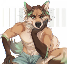 abstract_background anthro black_claws black_nose brown_hair claws clothed clothing finger_claws front_view fur gloves_(marking) green_eyes green_hair hair hand_on_leg looking_at_viewer male male_anthro markings mouth_closed multicolored_hair narrowed_eyes orange_body orange_fur sitting solo tan_body tan_fur topless two_tone_hair whiskers justkiddinb canid canine mammal hi_res