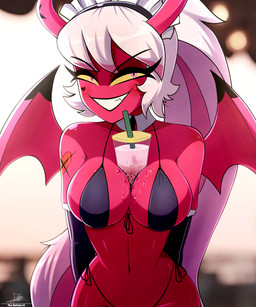 armwear beverage beverage_between_breasts bikini_thong breasts bubble_tea clothing drinking_straw female grin hair hands_behind_back heart_(marking) heart_tattoo horn long_hair looking_at_viewer maid_bikini maid_headdress markings membrane_(anatomy) membranous_wings navel object_between_breasts pink_body pink_eyes pink_skin pupils slit_pupils small_waist smile solo swimwear tail tattoo teeth white_hair wings yellow_sclera the-butcher-x hands-free_bubble_tea hellaverse helluva_boss verosika_mayday demon horned_humanoid humanoid succubus tailed_humanoid winged_humanoid 2025 5:6 absurd_res half-length_portrait hi_res meme portrait