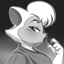 anthro applying_makeup big_breasts breasts cheek_tuft countershading eyebrows eyelashes facial_tuft female glistening glistening_eyes head_tuft holding_object lips lipstick looking_at_viewer makeup male outline personal_grooming pupils side_view solo text tuft white_outline conditional_dnp digitaldomain123 cats_don't_dance warner_brothers sawyer_(cats_don't_dance) domestic_cat felid feline felis mammal 1:1 2025 absurd_res artist_name greyscale hi_res monochrome signature