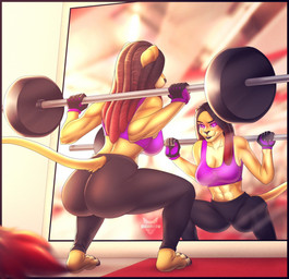 anthro black_hair breasts camel_toe claws clothed clothing crouching deadlift detailed_background exercise female fluffy fluffy_tail fur gloves hair handwear multicolored_body multicolored_fur multicolored_hair muscular muscular_anthro muscular_female open_mouth open_smile partially_clothed purple_eyes red_hair smile solo tail teeth tongue two_tone_body two_tone_fur two_tone_hair weightlifting workout yellow_body yellow_fur catherinemeow felid lion mammal pantherine hi_res