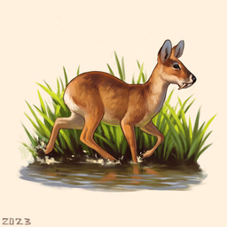 black_eyes black_nose brown_body brown_fur fangs feral fur sabertooth_(anatomy) simple_background solo splash splashing_water swamp tan_body tan_fur teeth water white_background white_body white_fur alexpahomov chinese_water_deer deer mammal water_deer 1:1 2023 hi_res