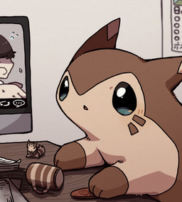 biped blush brown_body brown_fur computer container cup desk electronics feral fur furniture kemono mug multicolored_body multicolored_fur table two_tone_body two_tone_fur ke_mo_suke nintendo pokemon furret generation_2_pokemon pokemon_(species) 2022 hi_res translated_description