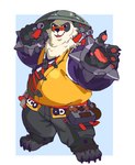 4_toes 5_fingers anthro asian_clothing asian_conical_hat barefoot belly bracelet chinese_clothing claws clothing east_asian_clothing eyewear feet fingers fur glasses hat headgear headwear jewelry male multicolored_body multicolored_fur neck_tuft overweight pawpads plantigrade ring smile solo spiked_bracelet spikes toe_claws toes tuft eryeclover mihoyo zenless_zone_zero pan_yin_hu bear giant_panda mammal 2025 hi_res