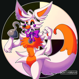 ambiguous_gender anthro arm_tuft big_ears bow_tie cheek_tuft claws facial_tuft fingers fluffy fur happy head_tuft hip_tuft hook ichyannah lipstick machine makeup orange_body orange_fur orange_pawpads pawpads purple_cheeks sharp_teeth shoulder_tuft smile solo speaker teeth tuft white_body white_eyes white_fur five_nights_at_freddy's five_nights_at_freddy's_world scottgames sister_location lolbit_(fnaf) animatronic canid canine fox mammal robot 1:1 2020 hi_res