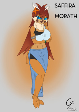 alternate_universe anthro big_breasts biped blue_eyes breasts brown_hair clothed clothing female female_anthro hair navel non-mammal_breasts non-mammal_navel simple_background solo standing text overlord_gabriel mothra_(series) toho fan_character mothra saffira_morath_(oc) arthropod kaiju digital_drawing_(artwork) digital_media_(artwork) hi_res