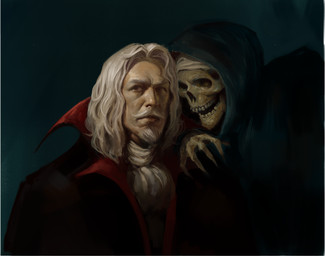 beard bone cape clothed clothing duo empty_eyes facial_hair front_view fully_clothed grey_hair hair male mustache not_furry parody red_eyes robe side_view simple_background simulated_traditional_(artwork) skeleton skull teeth white_body white_hair white_skin vistoron_iii castlevania konami self-portrait_with_death_playing_the_fiddle death_(personification) dracula dracula_(castlevania) grim_reaper animated_skeleton humanoid monster undead vampire digital_media_(artwork) digital_painting_(artwork) half-length_portrait hi_res inspired_by_formal_art lol_comments painting_(artwork) portrait