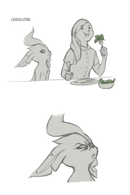 ambiguous_gender chewing clothed clothing cutlery duo eating female feral food fork frown kitchen_utensils narrowed_eyes salad simple_background spoon tools white_background lagguillotine nintendo pokemon eeveelution generation_4_pokemon human leafeon mammal pokemon_(species) 2:3 hi_res monochrome
