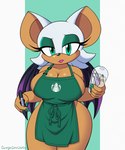 anthro apron apron_only big_breasts breasts cleavage clothed clothing container cup eyelashes female green_apron green_clothing green_eyes holding_container holding_cup holding_object holding_pen looking_at_viewer mostly_nude pen short_stack solo writing_utensil omegasunburst i_mean_breast_milk sega sharpie sonic_the_hedgehog_(series) rouge_the_bat bat mammal 2022 5:6 hi_res meme