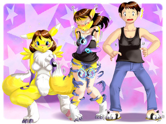 anthro base_one_layout basic_sequence blue_eyes blush bottomwear breasts brown_hair claws clothing denim denim_bottomwear denim_clothing dipstick_tail female footwear fur gender_transformation gloves hair handwear human_to_anthro jeans linear_sequence male markings mtf_transformation navel one_row_layout pants sandals shirt shoes short_hair solo species_transformation surprised tail tail_markings three_frame_image three_frame_sequence topwear torn_clothing transformation transformation_sequence white_body white_fur y2k_(graphic_design) yellow_body yellow_fur edmol bandai_namco digimon canid canine digimon_(species) human mammal renamon 2007 4:3 sequence
