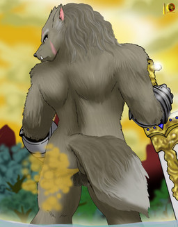 anthro armor balls butt clothing fangs fart fart_cloud fart_fetish gauntlets genitals gloves handwear looking_back male male_farting melee_weapon nude solo sword teeth weapon moon_pearl succubi_samus elden_ring fromsoftware blaidd_(elden_ring) canid canine canis mammal wolf absurd_res hi_res signature