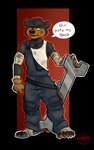 anthro bandage clothing furrowed_eyebrows grease_stains male mechanic overalls paws shirt snarling solo speech_bubble tape tools topwear undershirt wrench yamatopawa yamato_burr bear mammal alpha_channel